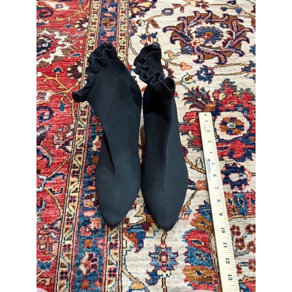 Loeffler Randall Black Sock Ankle Boots Knit Pointed Toe Kitten Heel Womens 9.5